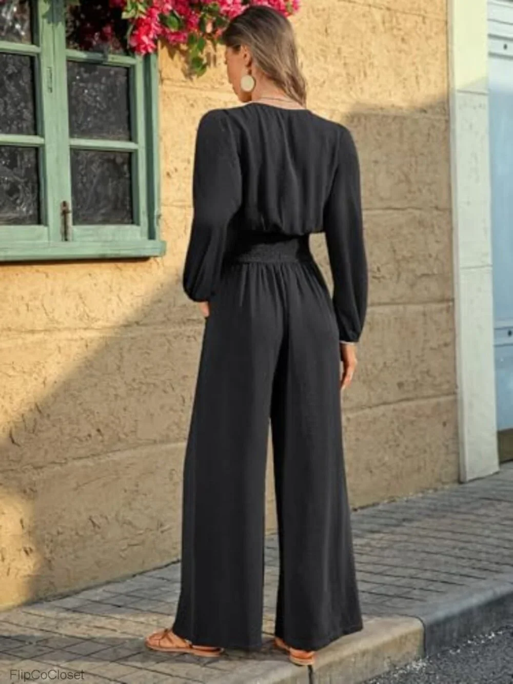 Women's Long Sleeve Wide Leg Jumpsuit Dressy Casual